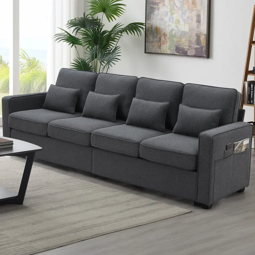 104 Inch 4 Seater Modern Linen Fabric Sofa Armrest Pockets And 4 Pillows gt