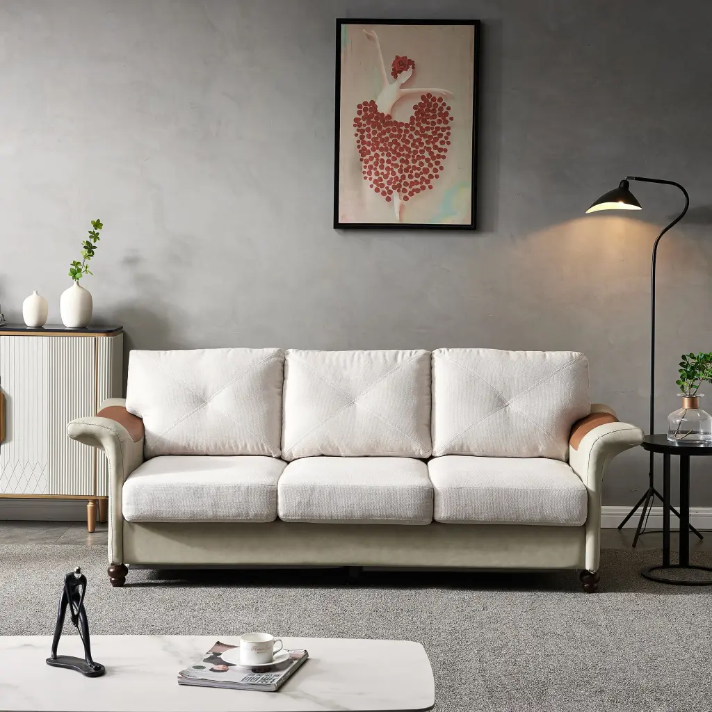 Living Room Furniture Linen Fabric Faux Leather Sofa Wood Legs hdf store