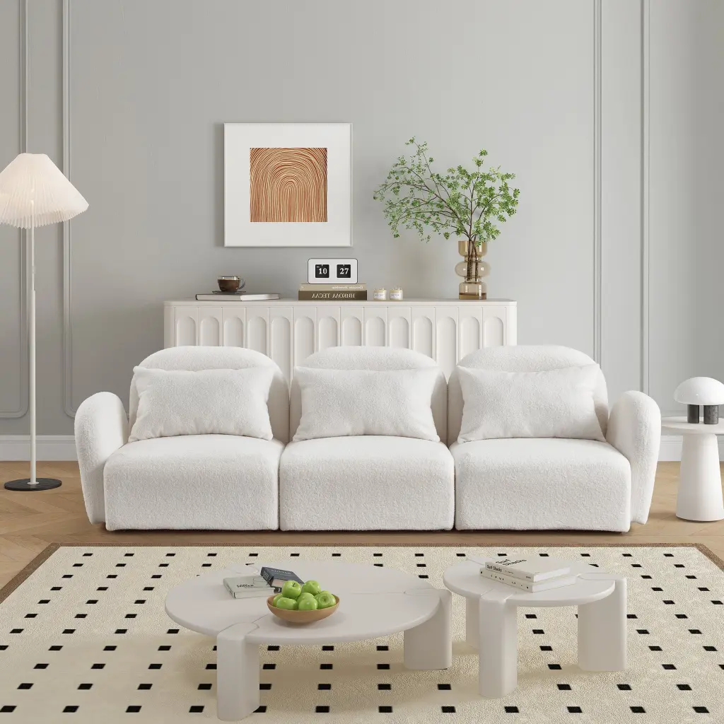 Living Room Furniture Three Seat Lazy Sofa Teddy Fabric White Comfortable Lounging hdf store