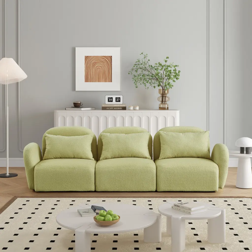Living Room Three Seat Lazy Sofa Teddy Fabric Light Green Lounge Couch hdf store