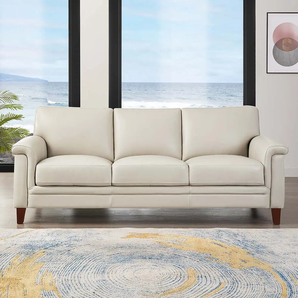 Westcott Leather Sofa Beige Memory Foam Authentic Leather 3 Seater Living Room Couch hydeline furniture