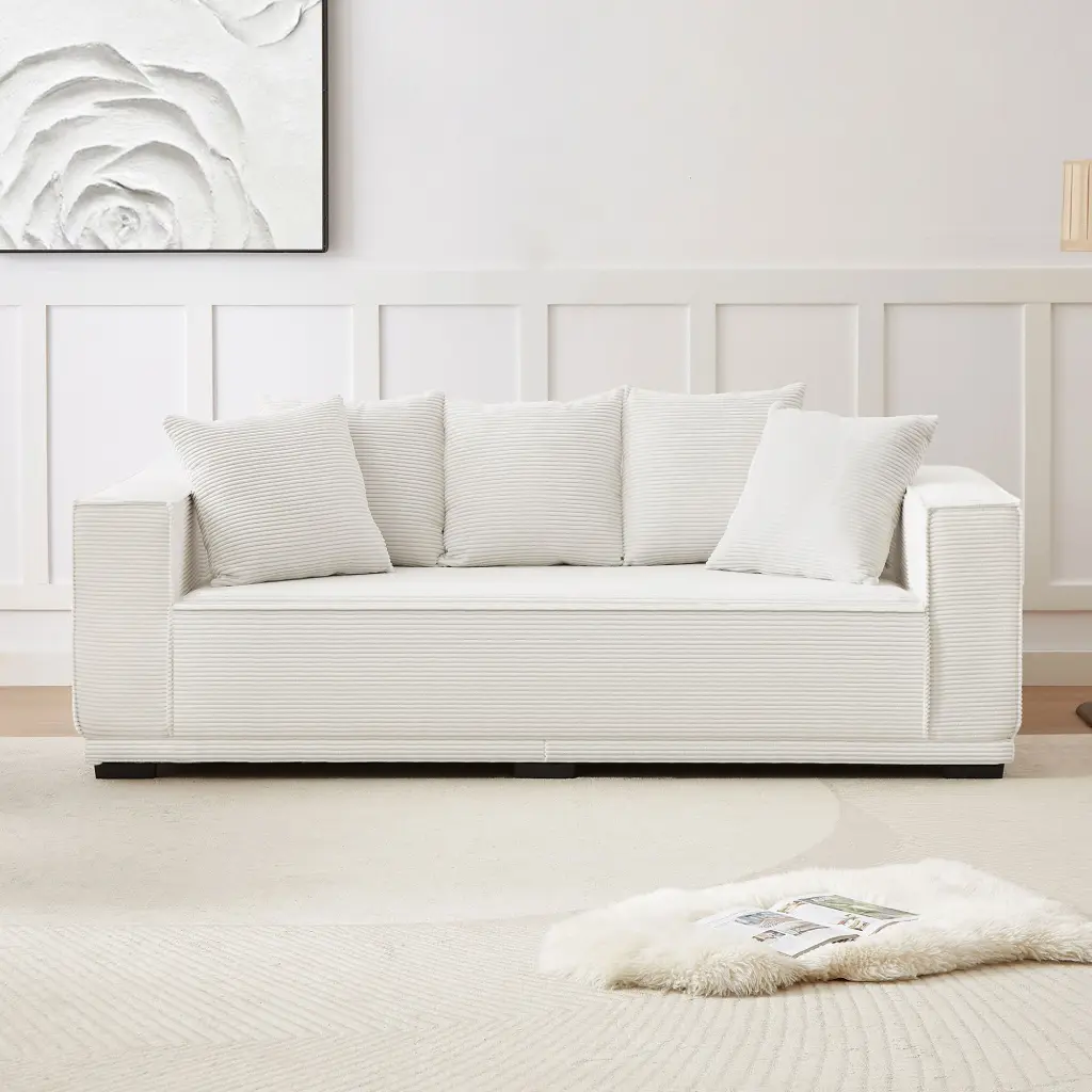 88.97 Inch Mid Century Modern Upholstered Sofa 5 Matching Toss Pillows justone interior