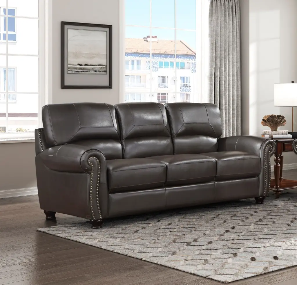 1 Piece Dark Brown Leather Sofa Rolled Arms Trim Cozy Plush Seating Living Room kanepe