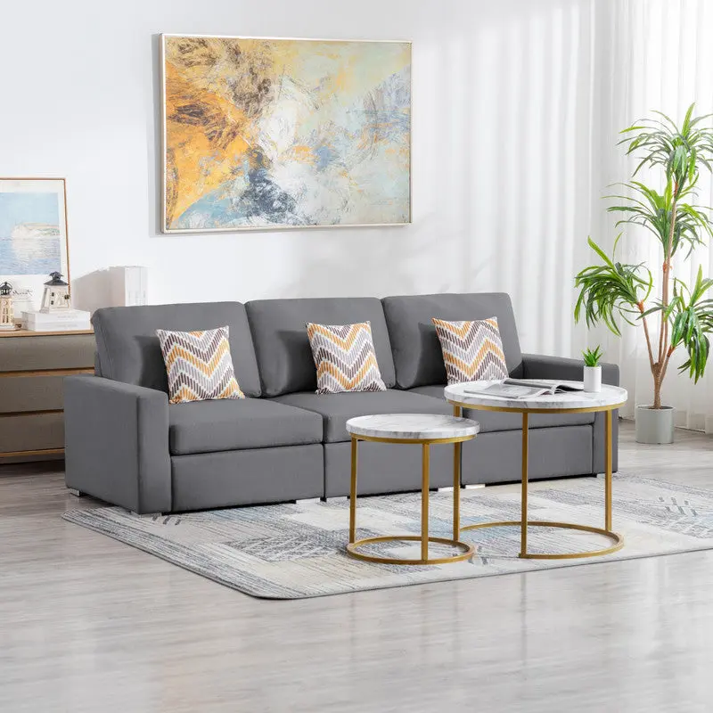 Nolan 95.5 Inch Gray Linen Fabric Sofa Pillows and Interalterable Legs lilola home
