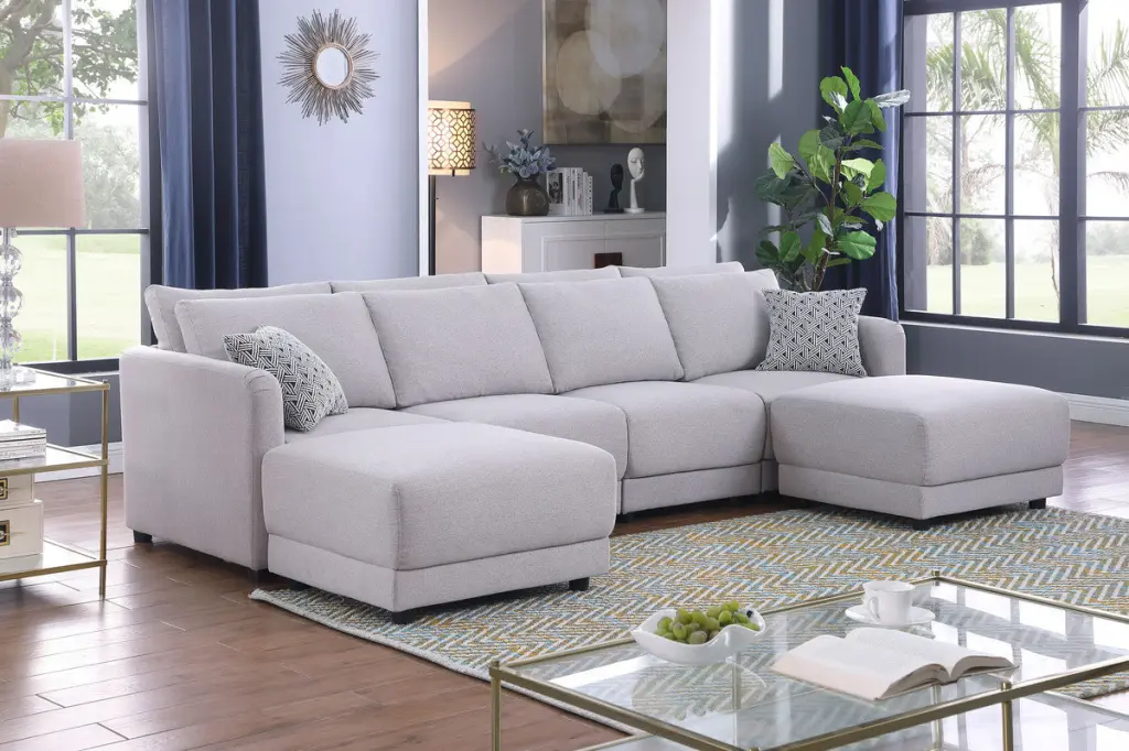 Penelope 111 Inch Light Gray Linen Fabric 4 Seater Sofa 2 Ottomans lilola home