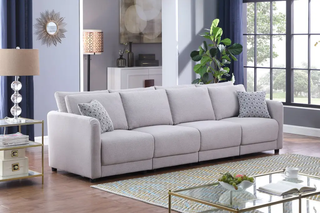 Penelope 111 Inch Light Gray Linen Fabric 4 Seater Sofa Pillows lilola home