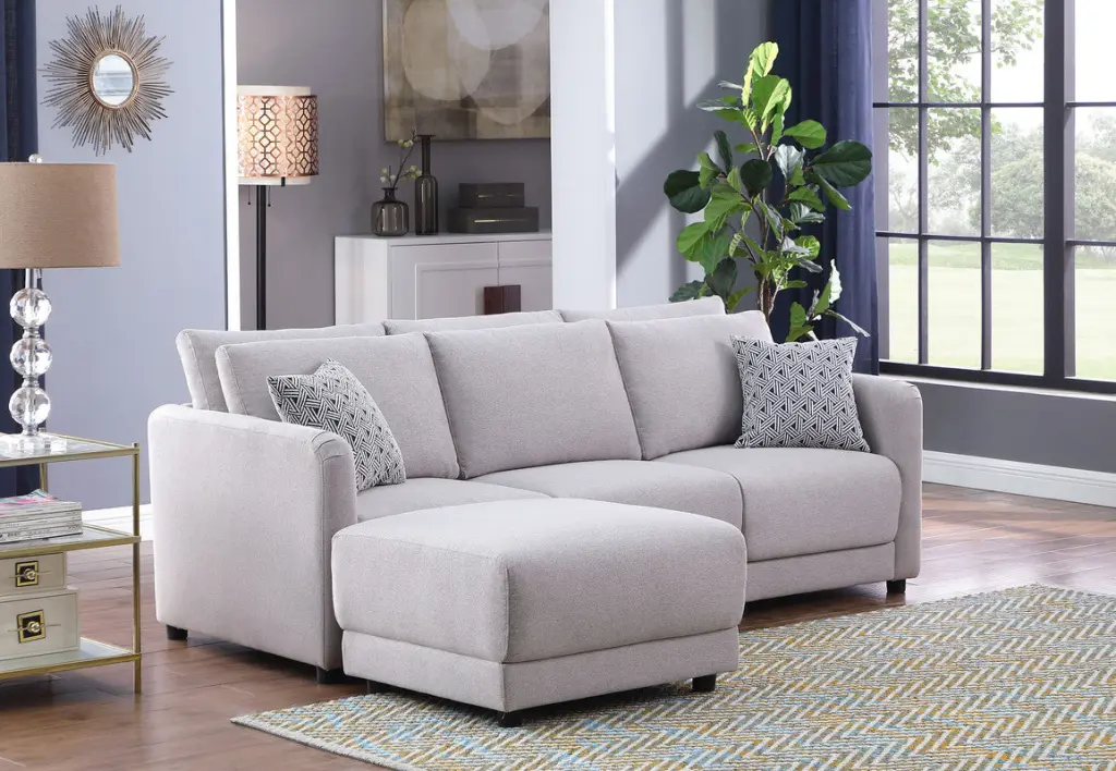 Penelope 85.5 Inch Light Gray Linen Fabric Sofa Ottoman And Pillows lilola home
