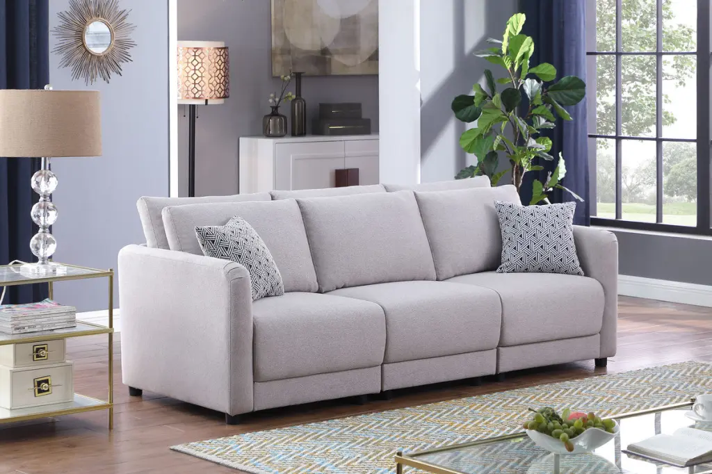 Penelope 85.5 Inch Light Gray Linen Fabric Sofa Pillows lilola home