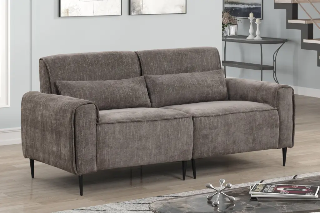Valentina 74 Inch Gray Chenille Sofa Metal Legs and Throw Pillows lilola home