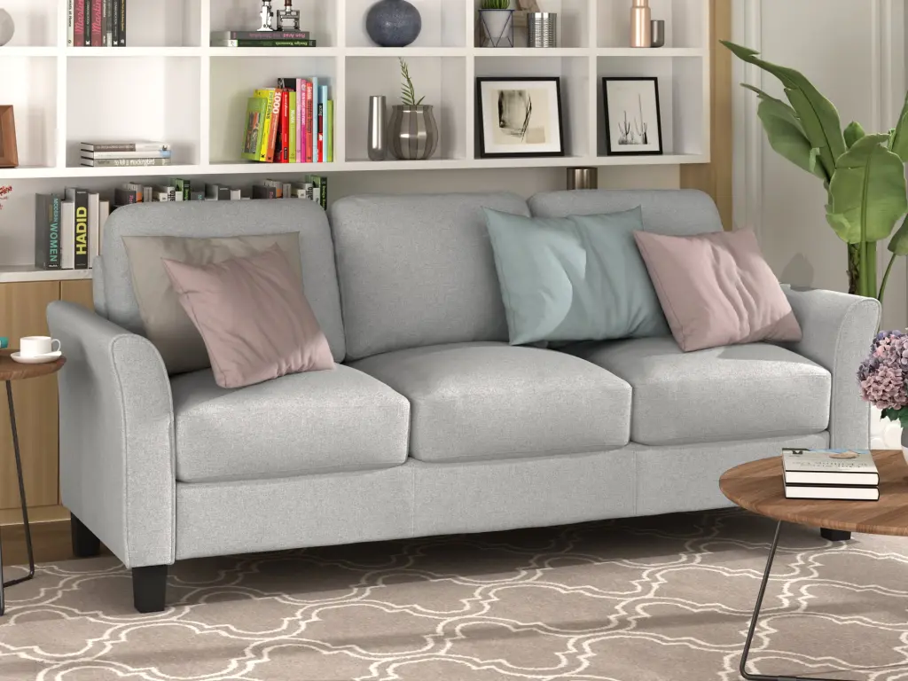 3 Seat Sofa Living Room Linen Fabric Sofa Light Gray Gray Fabric Modern Couch lucky furniture