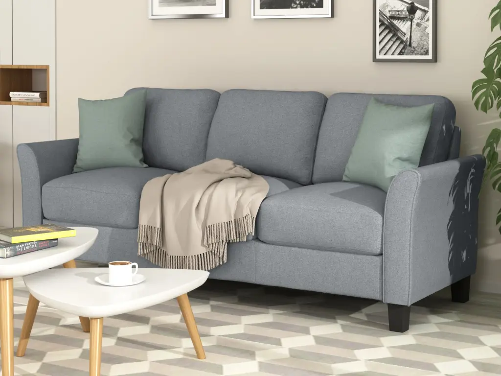 3 Seat Sofa Living Room Linen Fabric Sofa Gray Gray Fabric Couch lucky furniture