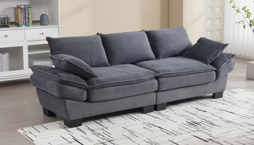 Modern Sailboat Sofa Corduroy 3 Seater Sofa Two Pillows Small Spaces nan kun