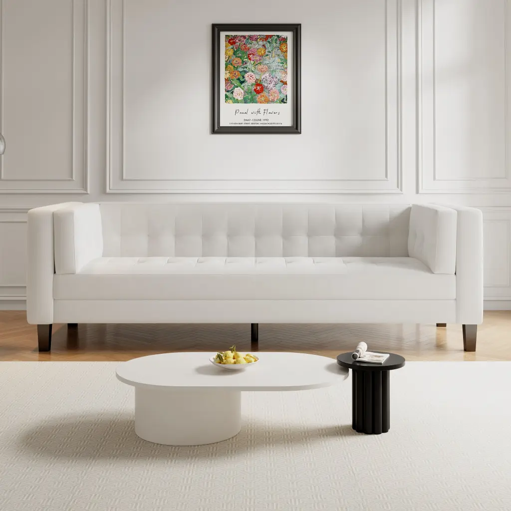 3 Seater Upholstered Tufted Velvet Sofa Ivory White Living Room Couch nh-cozy home
