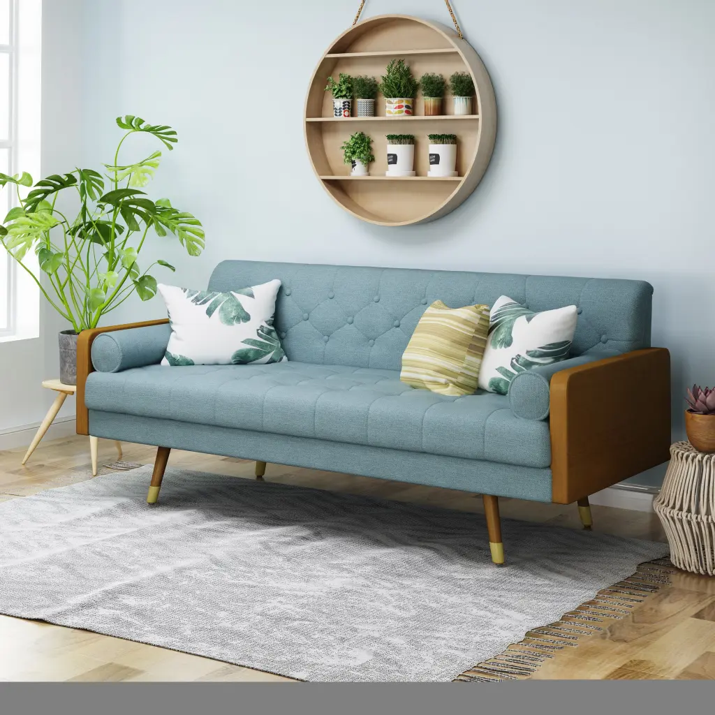 Aidan Mid Century Modern Tufted Fabric Sofa Blue Living Room nh-inmax
