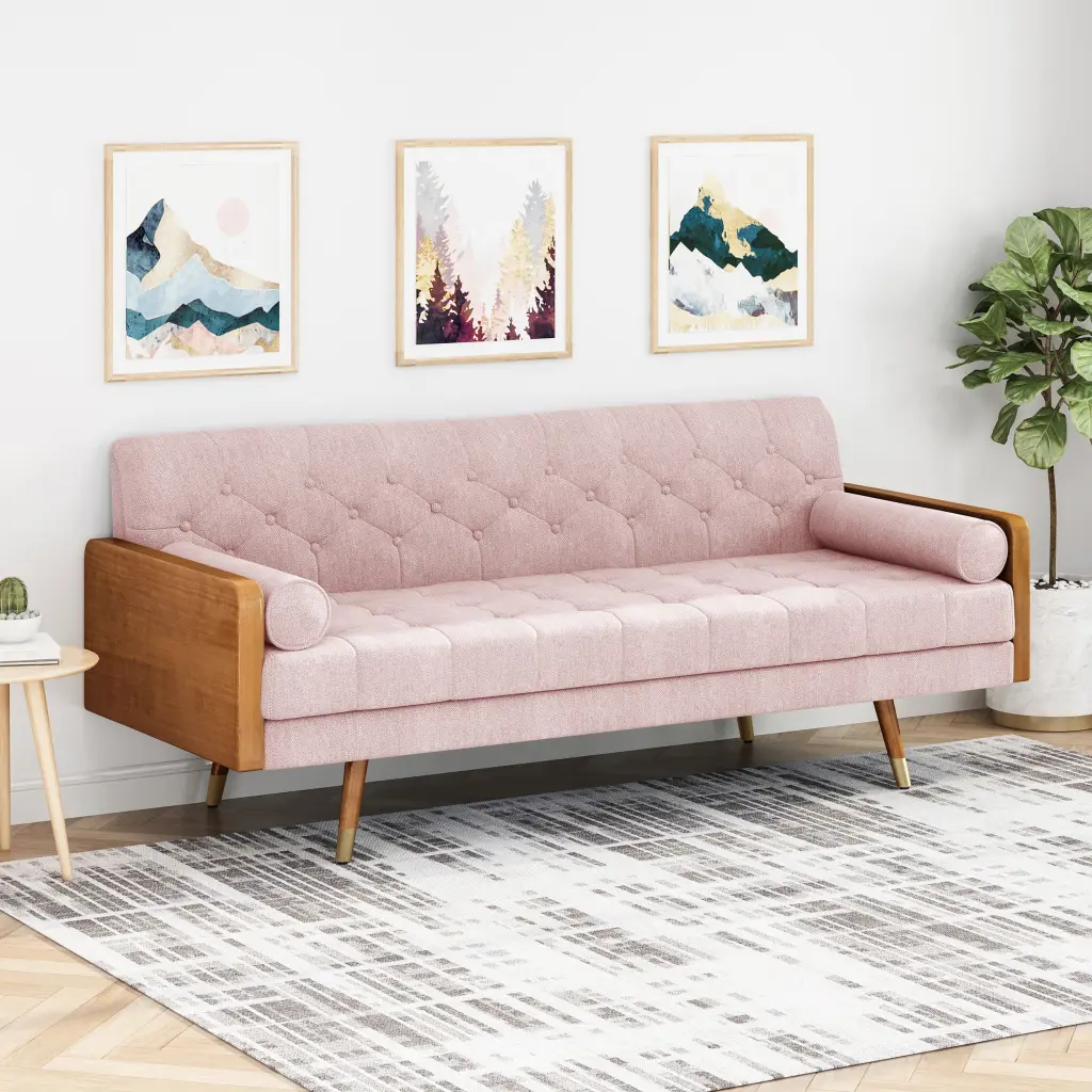 Aidan Mid Century Modern Tufted Fabric Sofa Blush Living Room nh-inmax
