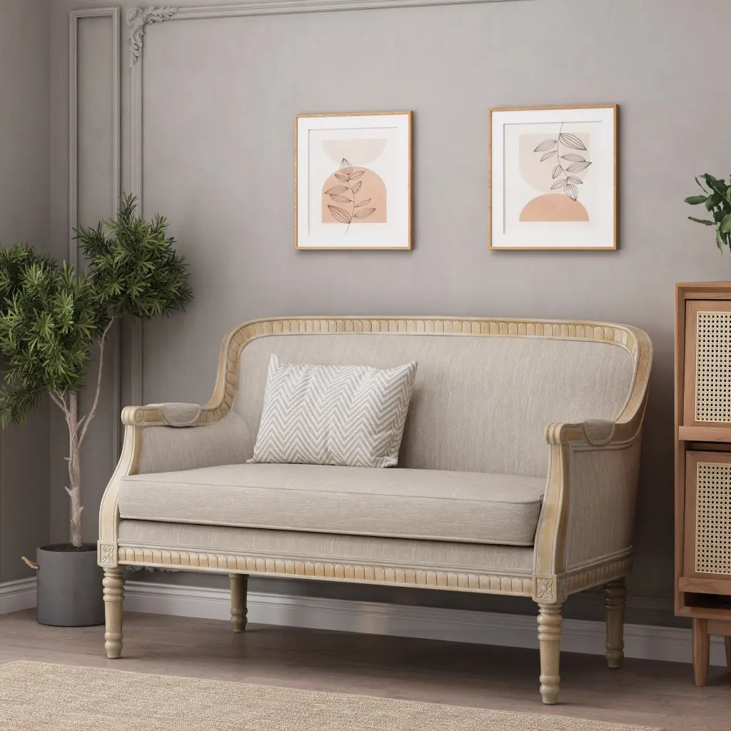 Beige Brown Wood Fabric 2 Seat Sofa Living Room nh-perfect home-can