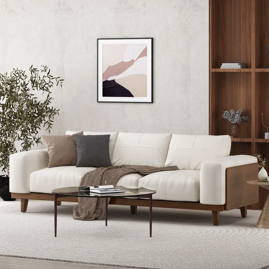 3 Seater Sofa Beige Wood 3 Seat Living Room Couch Modern Design nh-perfect home
