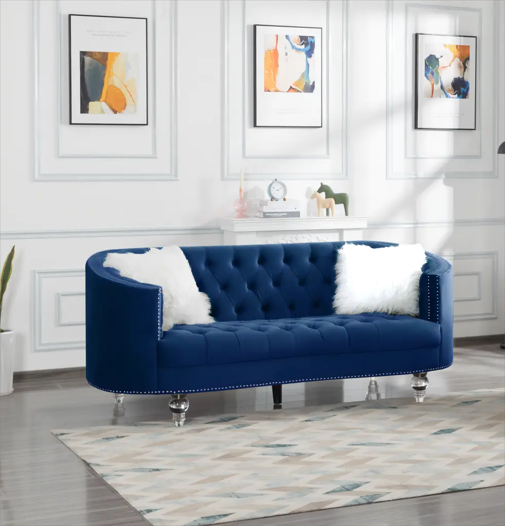 Living Room Sofa Navy Blue Velvet 3 Seat Modern Comfortable Couch relax lounge