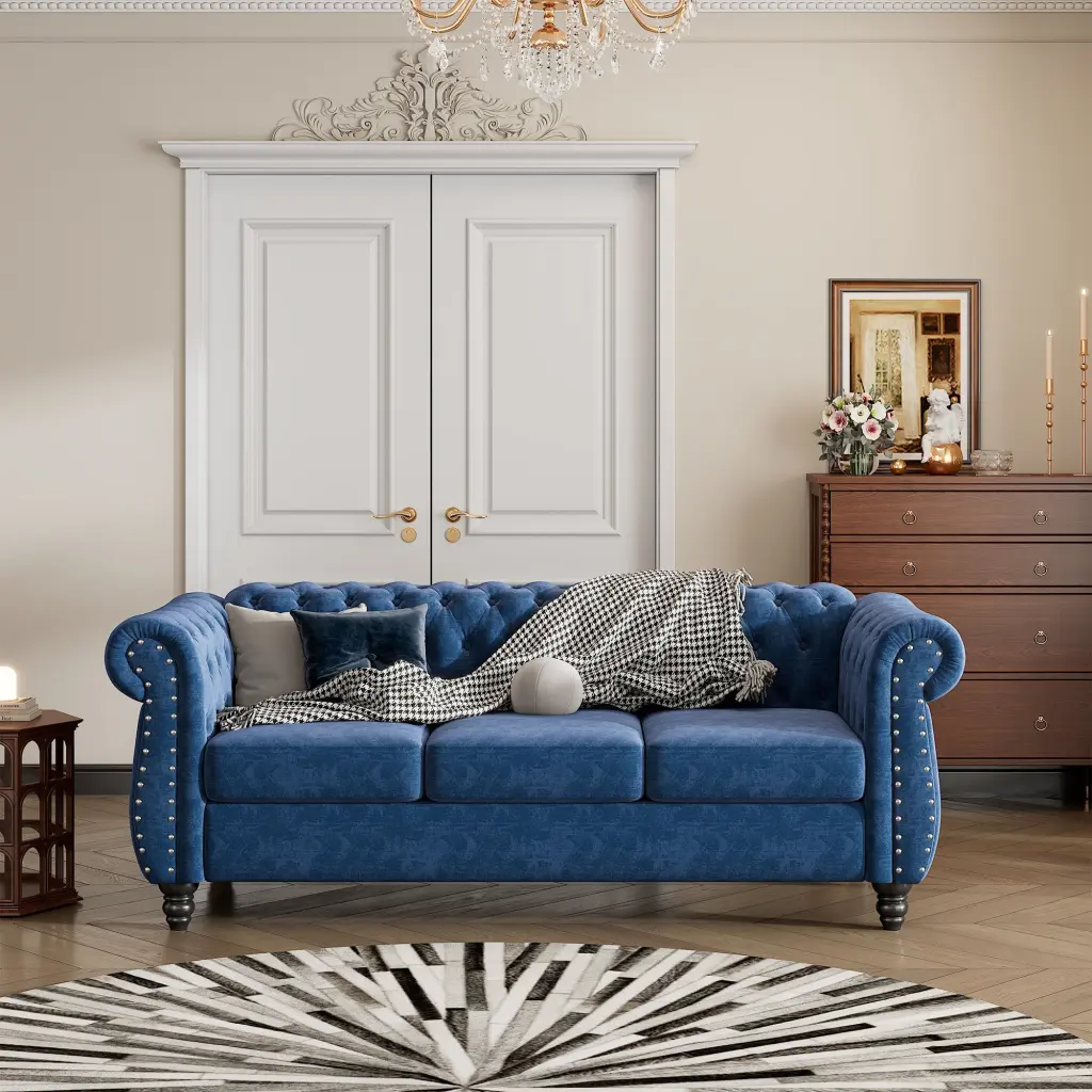 82 Inch Modern Plush Upholstered Sofa Solid Wood Legs and Button Tufting rnb
