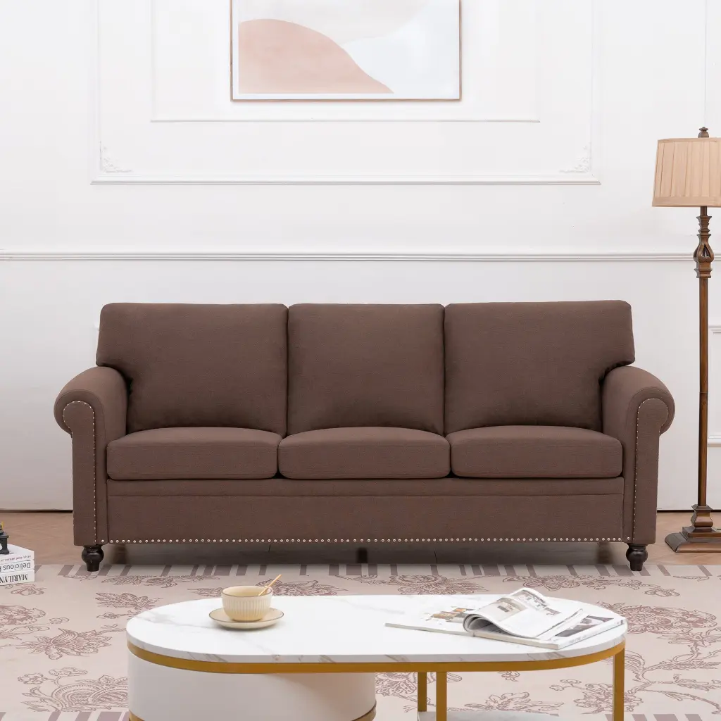 3 Seater Sofa Brown Foam Fabric Comfortable Living Room Couch rnb
