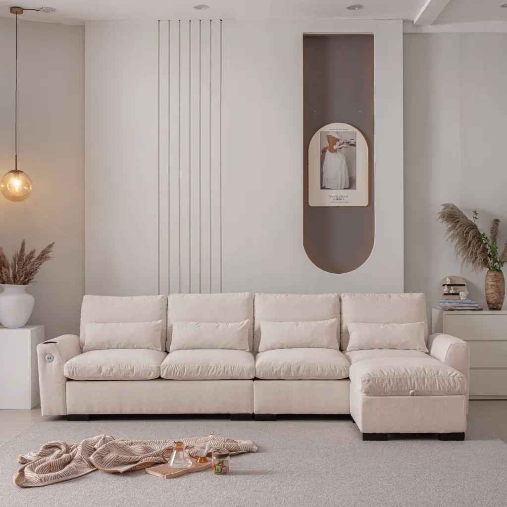 114.5 Inch Modern Modular L-Shaped Chenille Sofa Ottoman senge