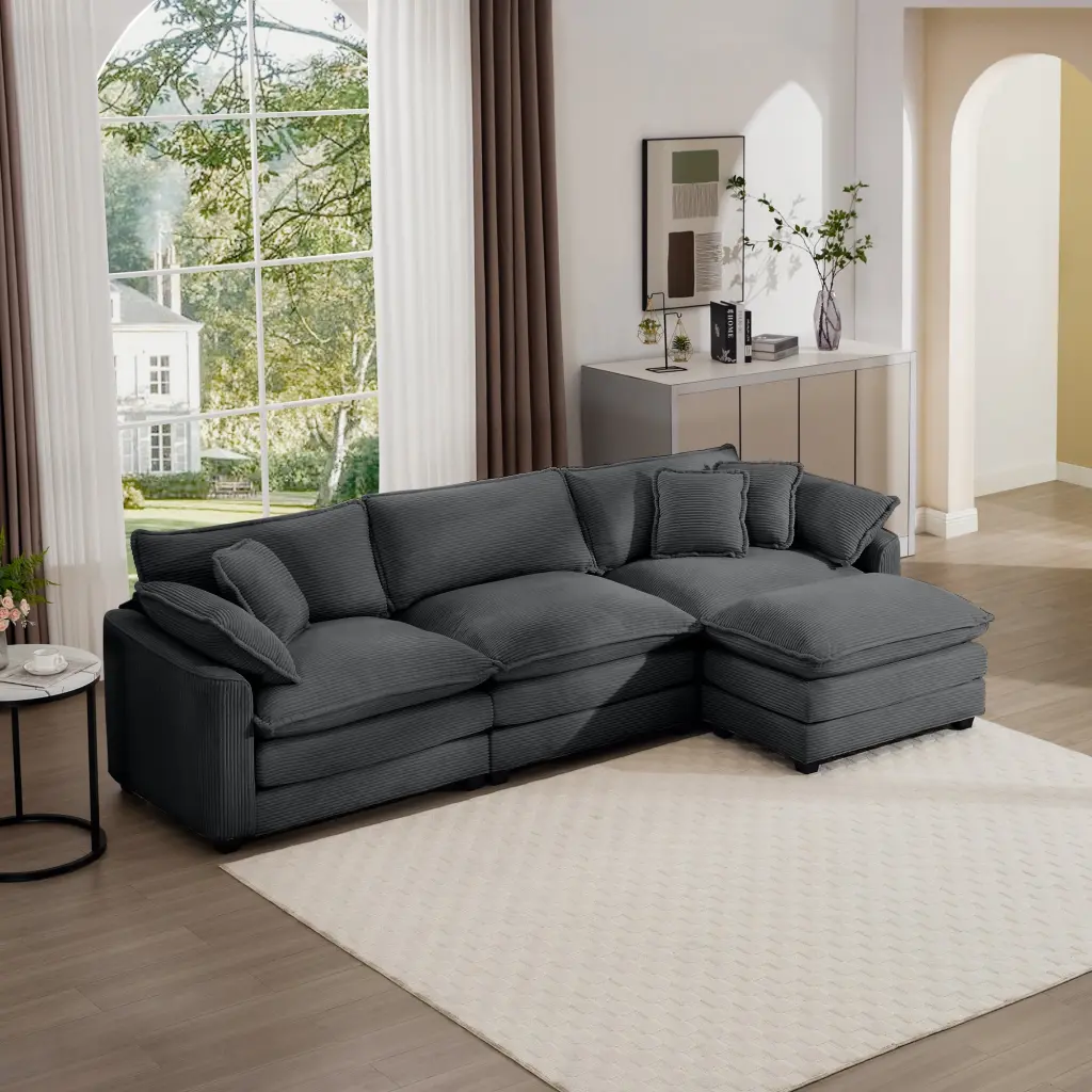 Corduroy 3 Seater Sofa Footrest L Shaped Double Sofa Ottoman ui furniture