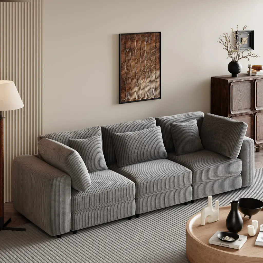 105 Inch 3 Seater Sofa Removable Back Cushions and 5 Pillows u_style