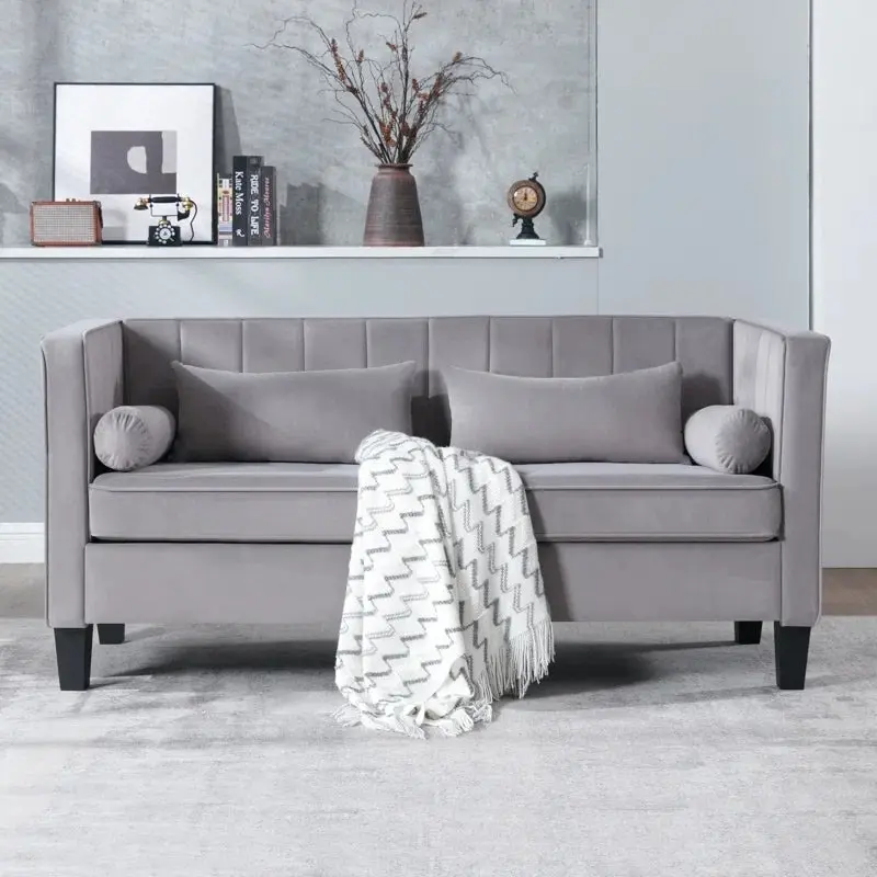 64.96 Inch Modern Sofa Couch 2 Seater Fabric Grey Wood Legs vanbow
