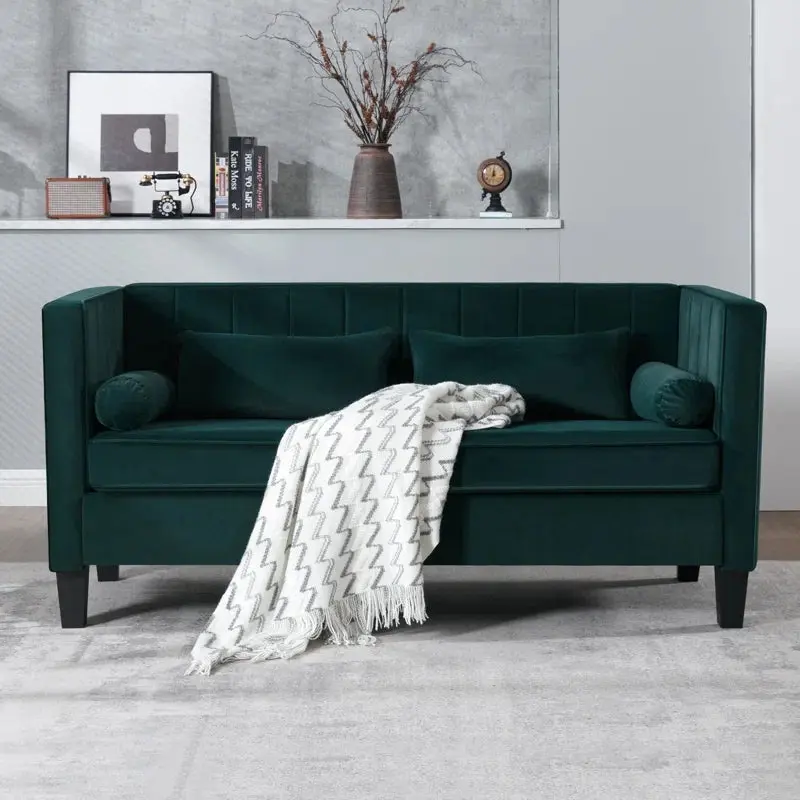 64.96 Inch Modern Sofa Couch 2 Seater Fabric Sofa Green Wood Heavy Duty vanbow