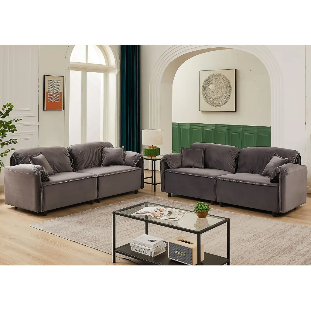 Premium Modern Style Living Room Upholstery Sofa Velvet Grey Wooden Legs w1193