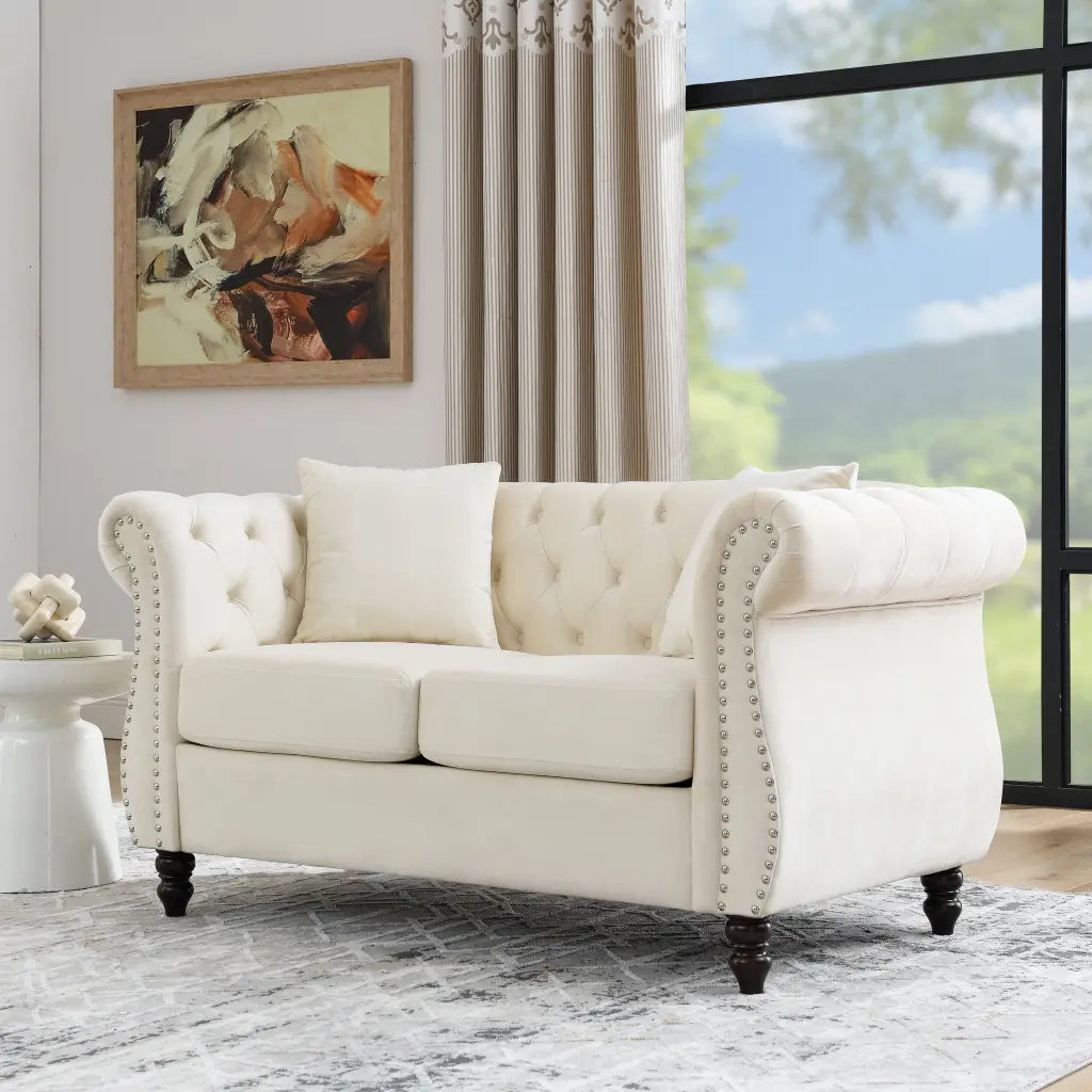 58.8 Inch Chesterfield Sofa Beige Velvet Living Room 2 Seater Tufted Couch welike furniture