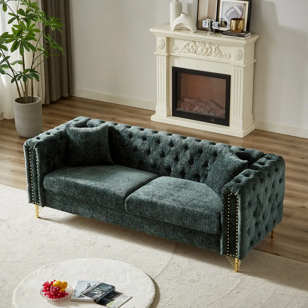 82 Inch Chenille Pull Buckle Design Sofa Living Room welike furniture
