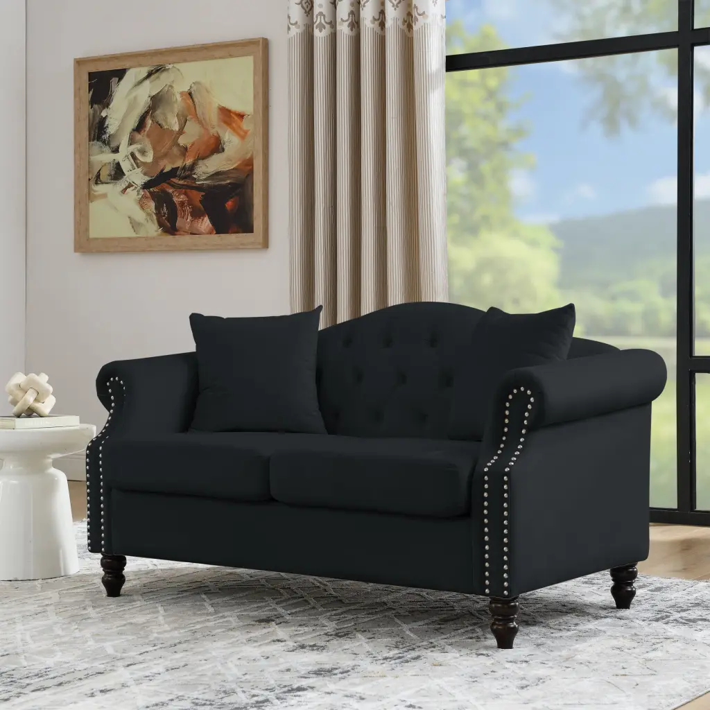 57 Inch Chesterfield Sofa Black Velvet Living Room 2 Seater Sofa Tufted welike furniture