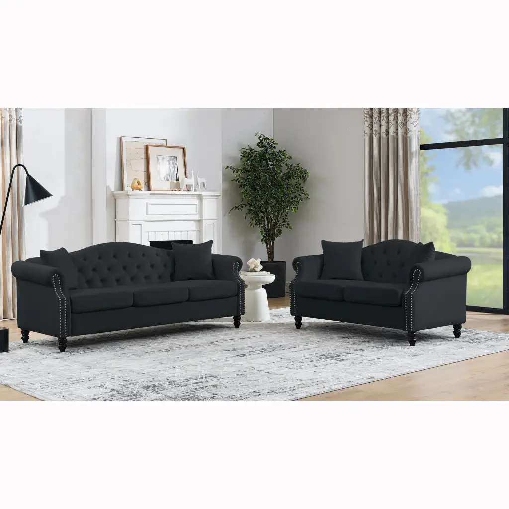 79 Inch Chesterfield Sofa Black Velvet 3 Seater Living Room Couch welike furniture