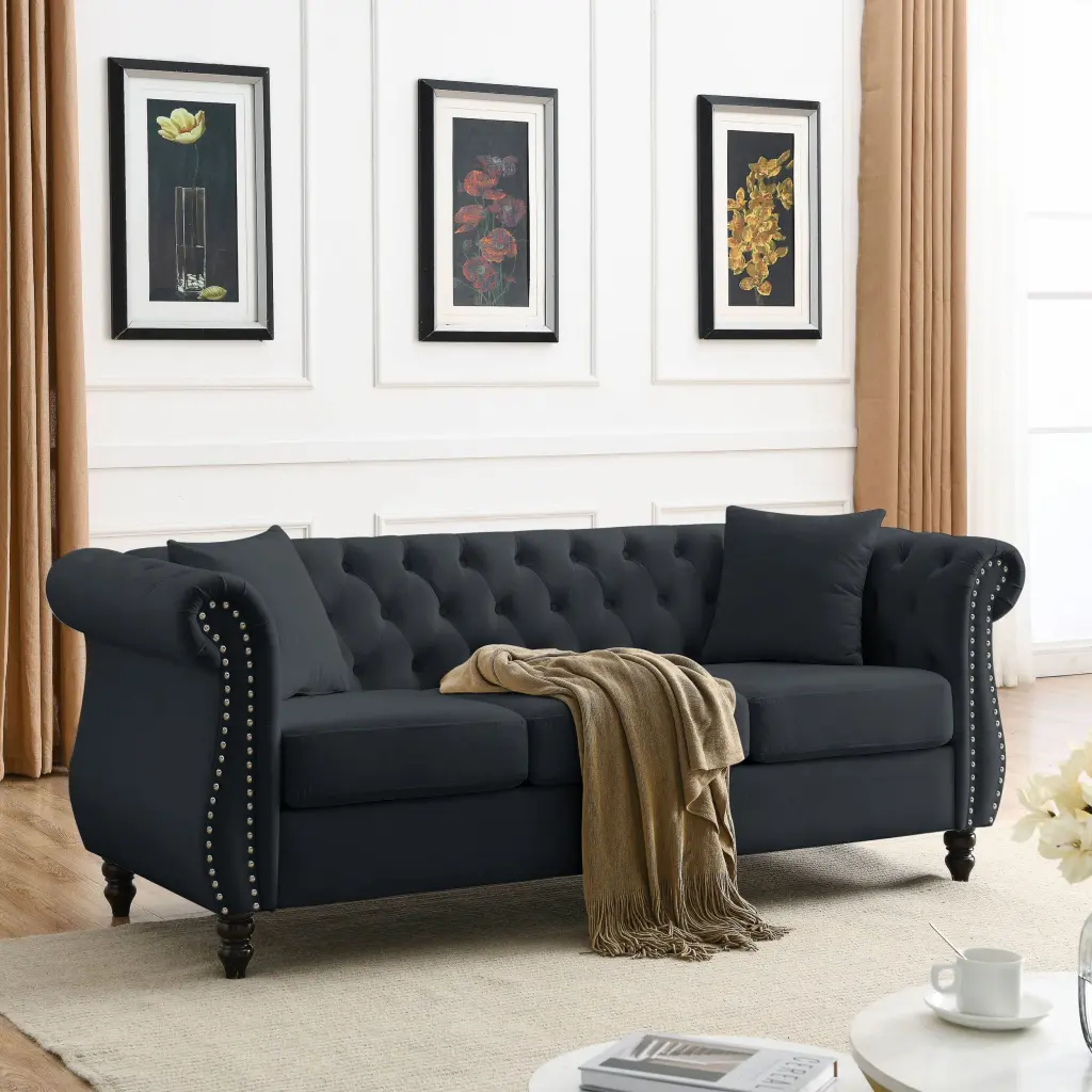 80 Inch Chesterfield Sofa Black Velvet 3 Seater Sofa Living Room welike furniture