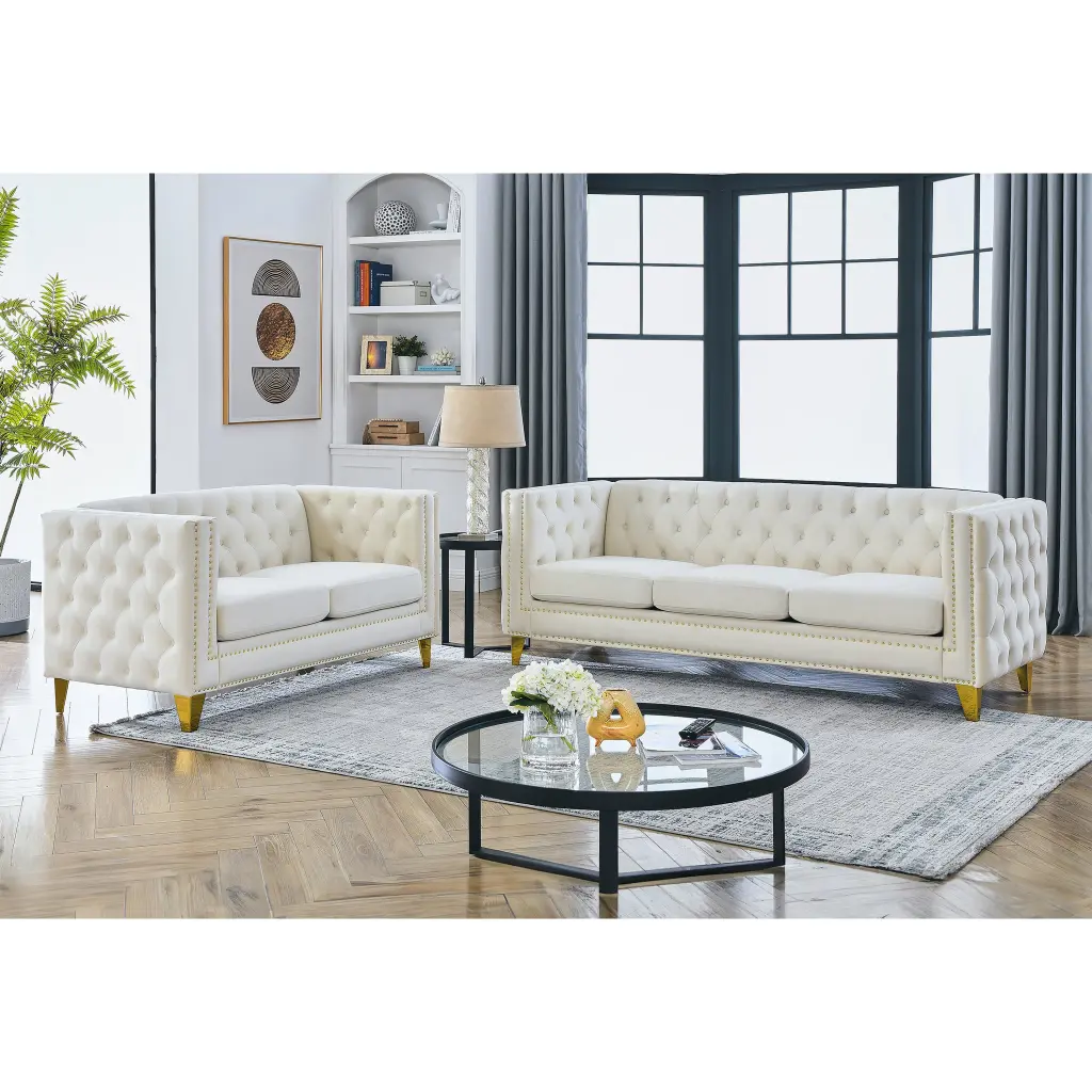 3 Seater 2 Seater Combination Sofa Beige Velvet Upholstered Modern Living Room Set welike furniture
