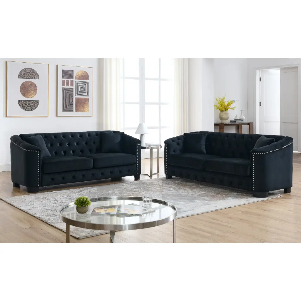 3 Seater Velvet Black Combination Sofa 6 Seater Foam Cushion Living Room Furniture welike furniture