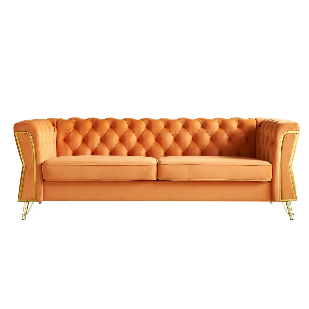 Modern Tufted Velvet Sofa 87.4 Inch Living Room Orange Color wq furniture