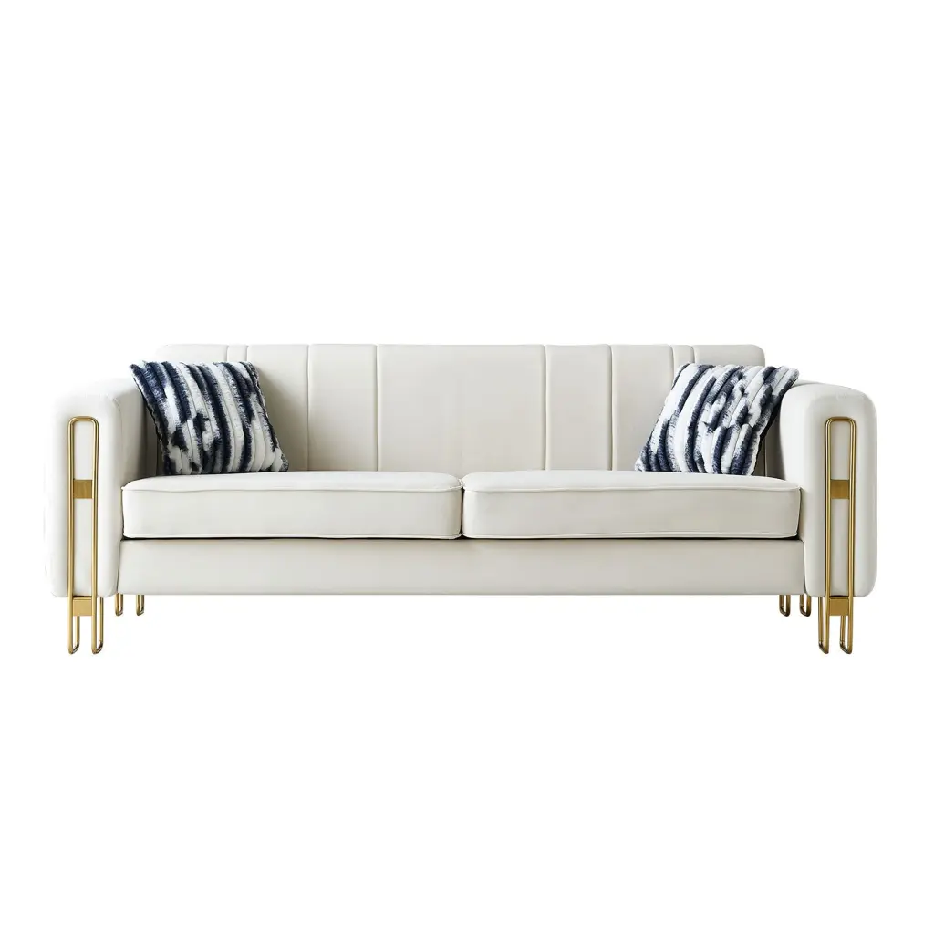 Modern Velvet Sofa 85.04 Inch Beige Color Living Room Comfortable Seating wq furniture