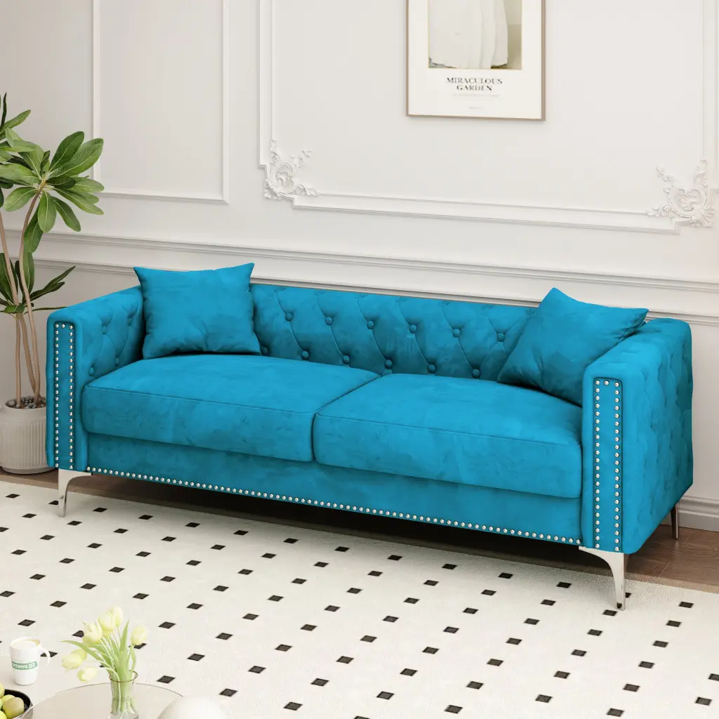 Blue Velvet Triple Sofa 2 Pillows 83 Inch Large Living Room Sofa ylf fff