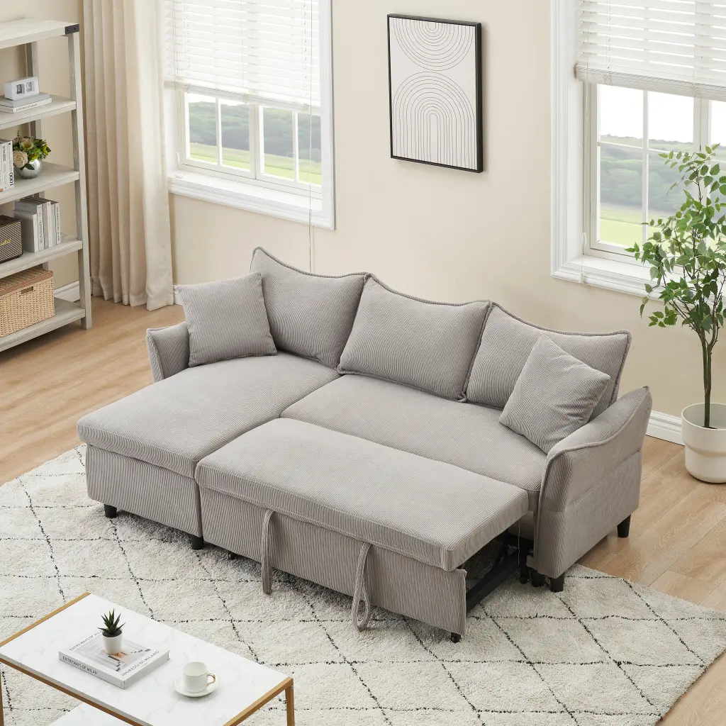 80 Inch Gray Corduroy L Influenced Sofa Two Small Throw Pillows Living Room Furniture ylf fff
