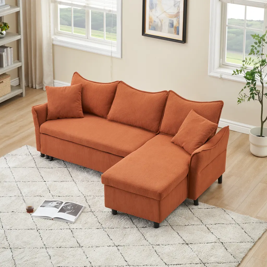 80 Inch Orange Corduroy L Influenced Sofa Two Small Throw Pillows ylf fff