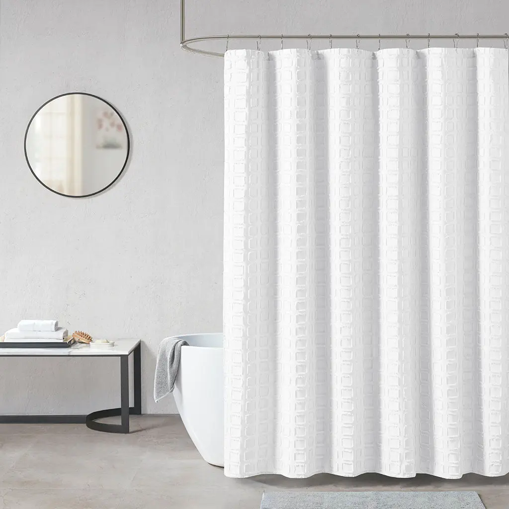 Woven Clipped Solid Shower Curtain White Polyester Waterproof jla