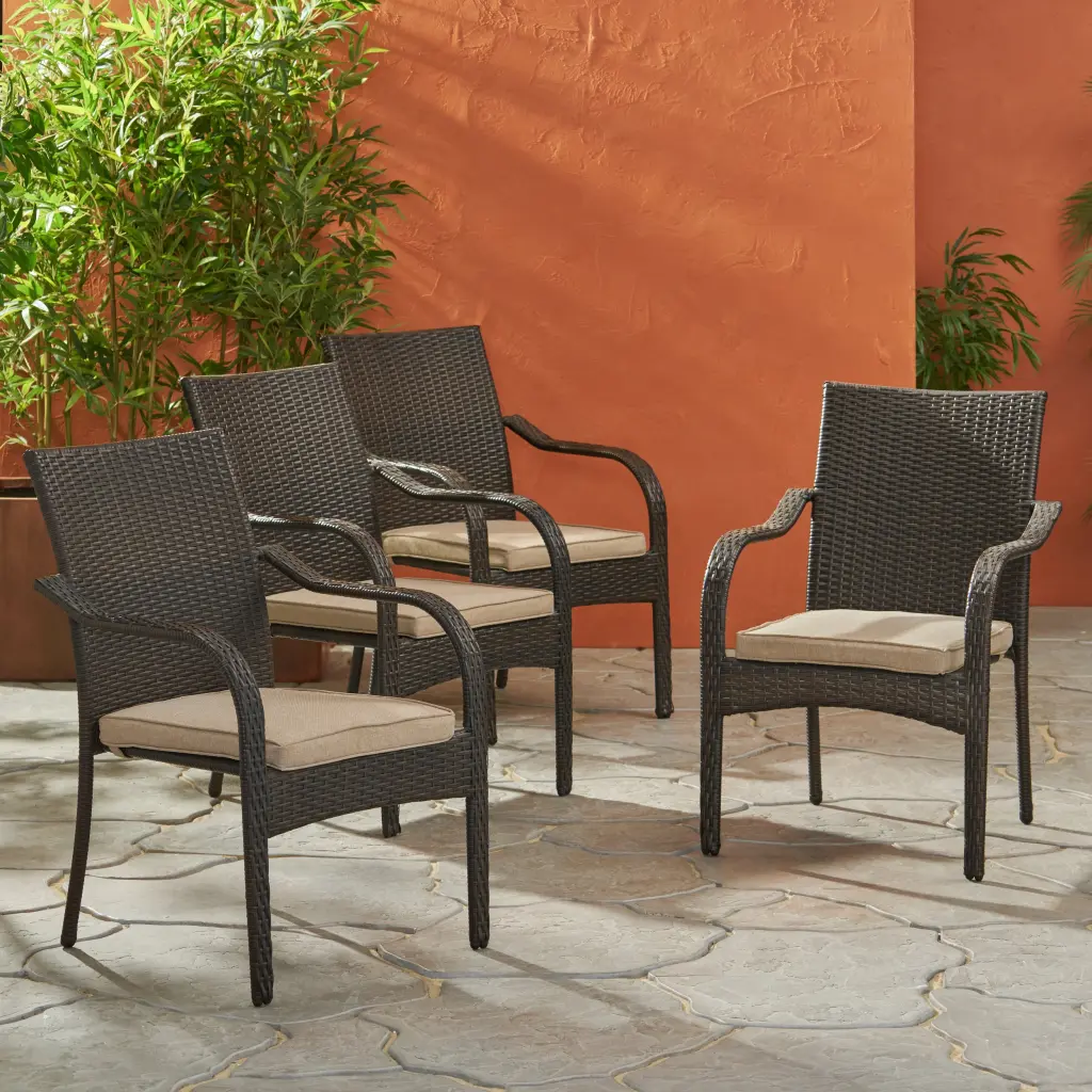 Stacking Chairs Set 4 Brown Rattan Metal Frame Dining or Patio nh-comfortcove