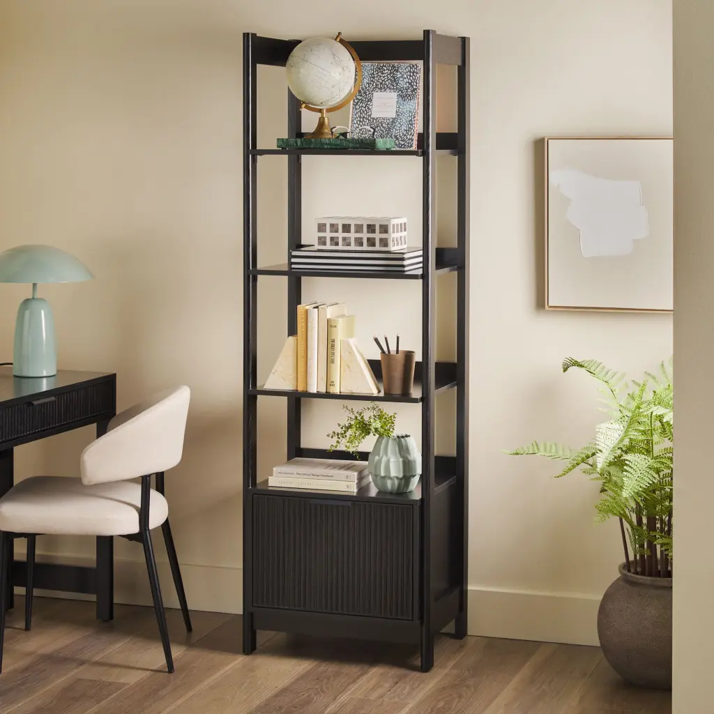 Transitional Narrow Bookshelf Drawer On Bottom Black Mdf Storage Shelf walker edison