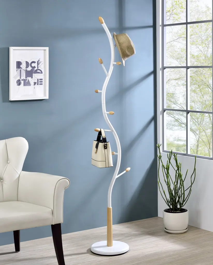 Arles Metal White and Oak Standing Coat Rack White Wood hz