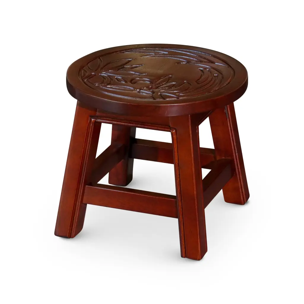Carved Wooden Step Stool Floral Design Cherry Rubber Wood dty home