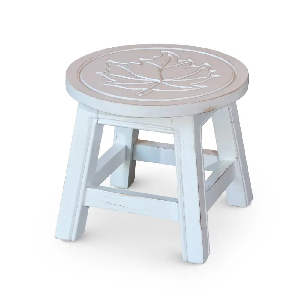Carved Wooden Step Stool Maple Leaf Antique White Rubber Feet dty home