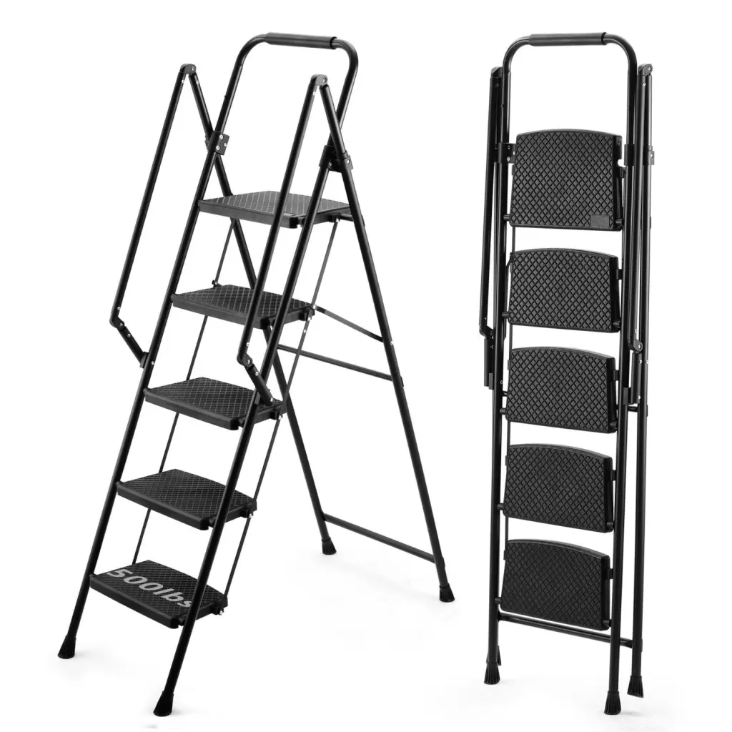 5 Step Folding Ladder Stool Anti Slip Wide Pedals Home Use seclimb