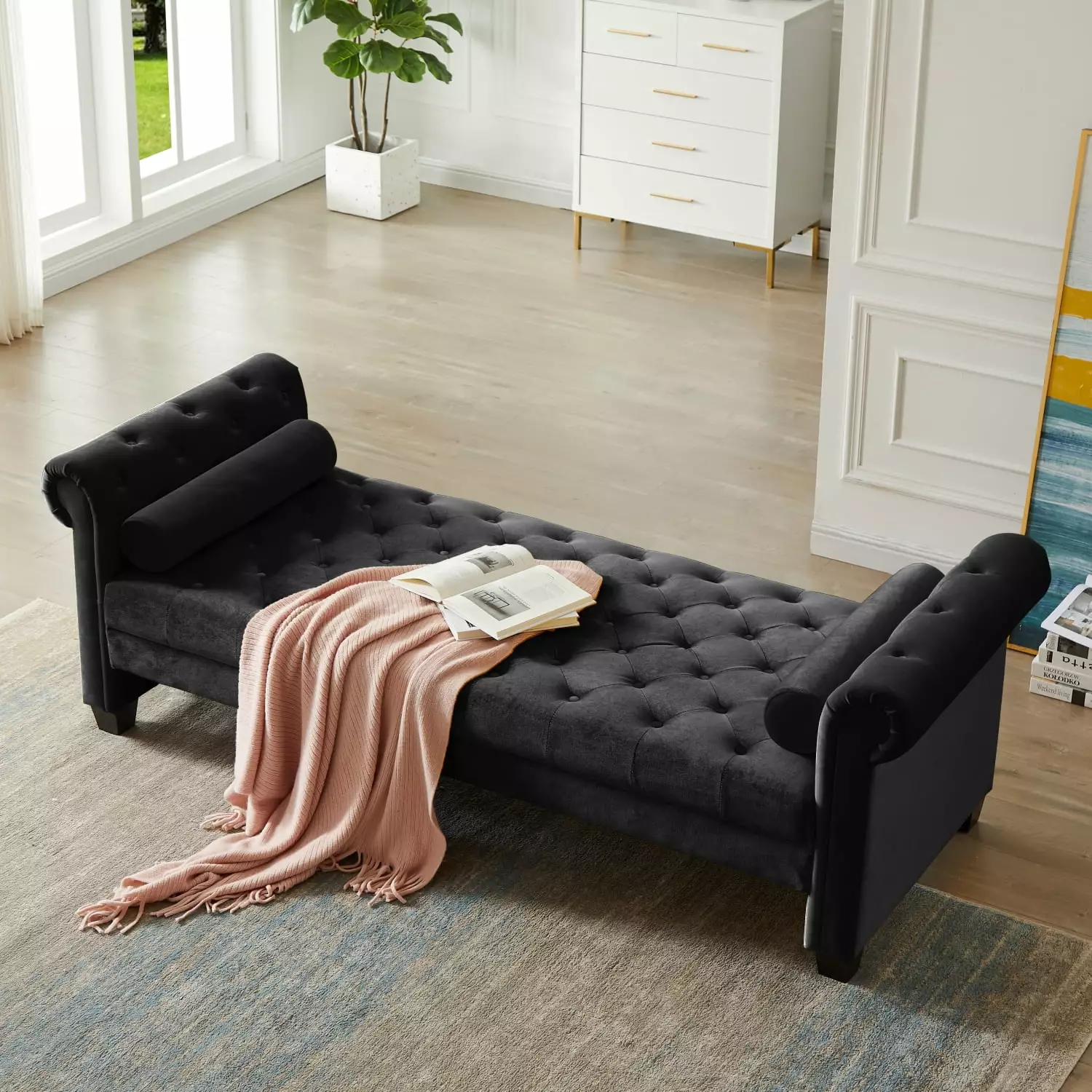 Black Rectangular Large Sofa Stool 2038 - Versatile Living Room Footrest or Seating Miekor